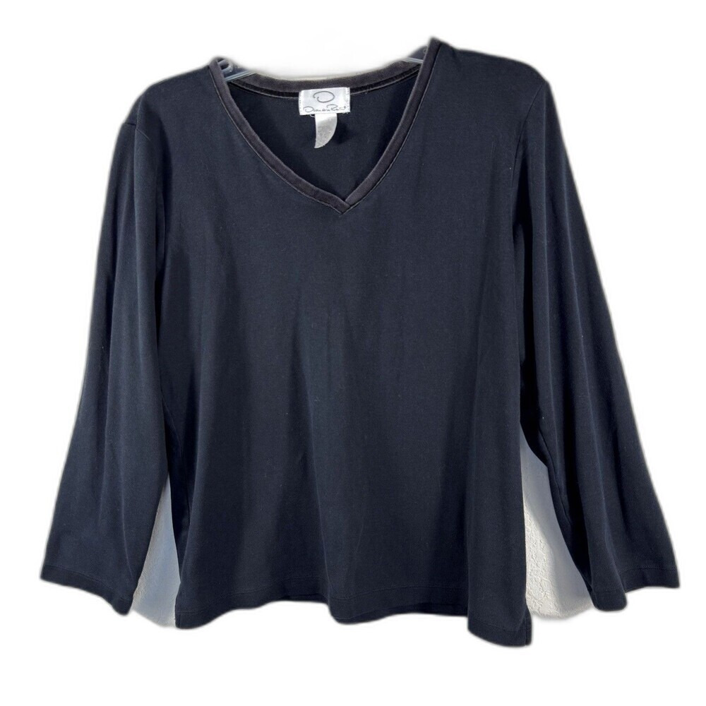 Oscar de la Renta Top Womens Large L Black V-Neck Velour Trim Long Sleeve VGT